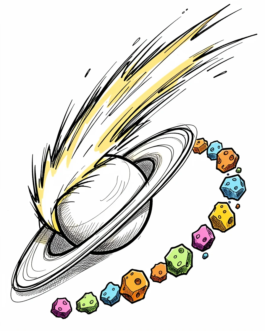 A comet streaking past a ringed planet beside a ring of colorful asteroids.