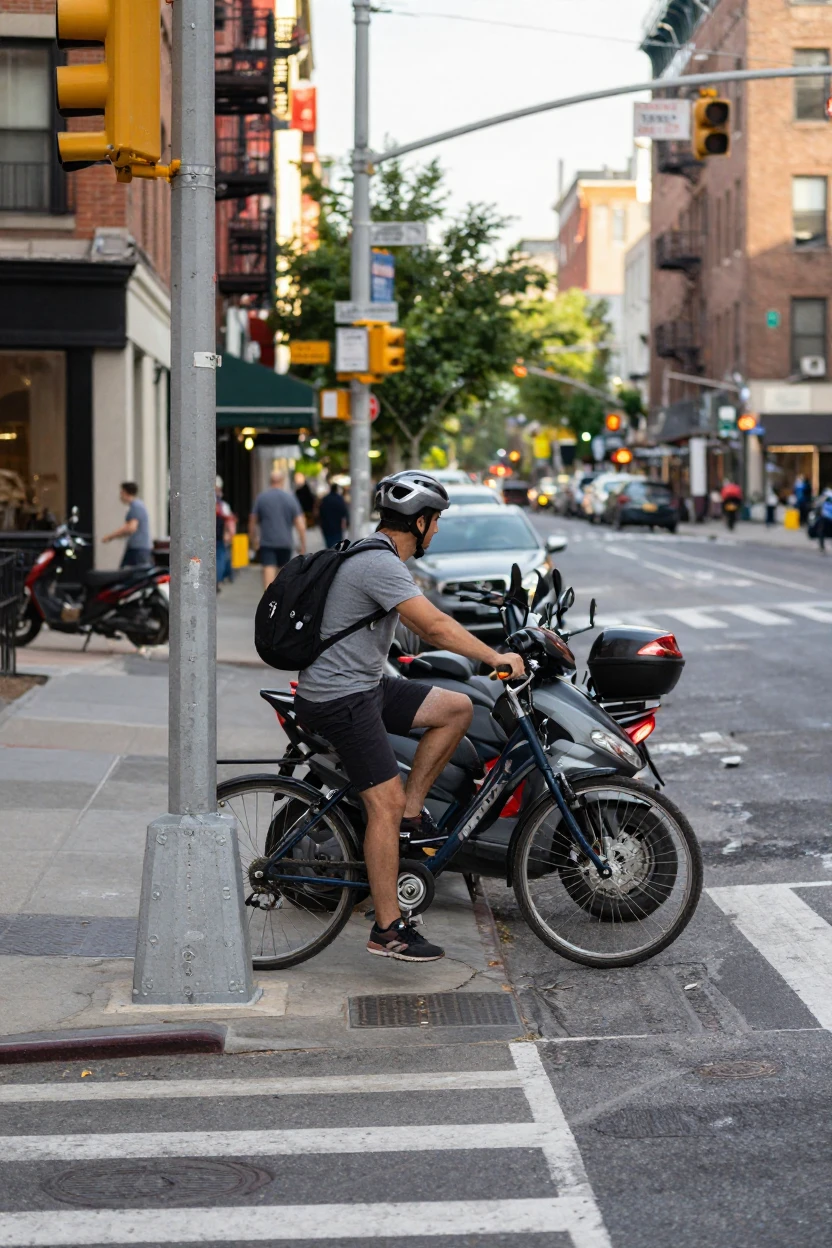 A city cyclist waits at a red light beside a row of parked scooters.