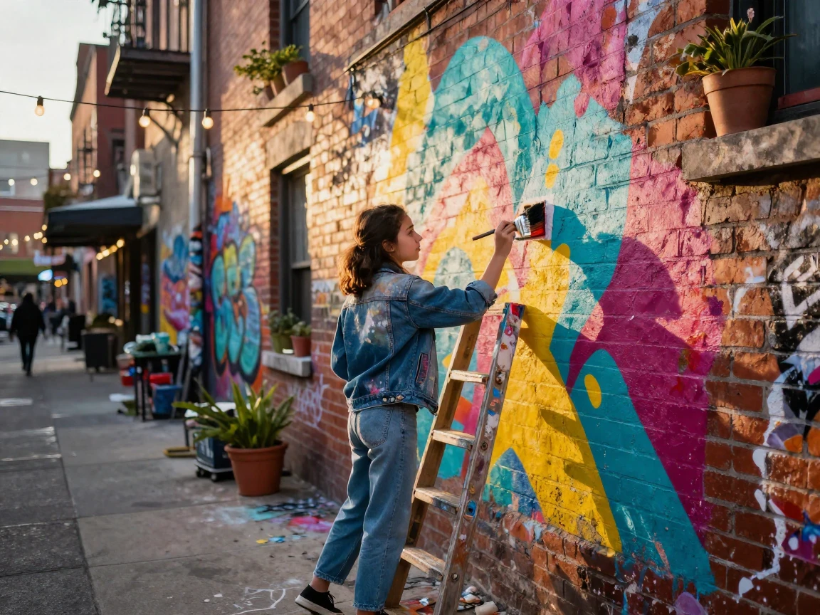 A teenage girl painting a mural on a brick wall in a colorful city alley