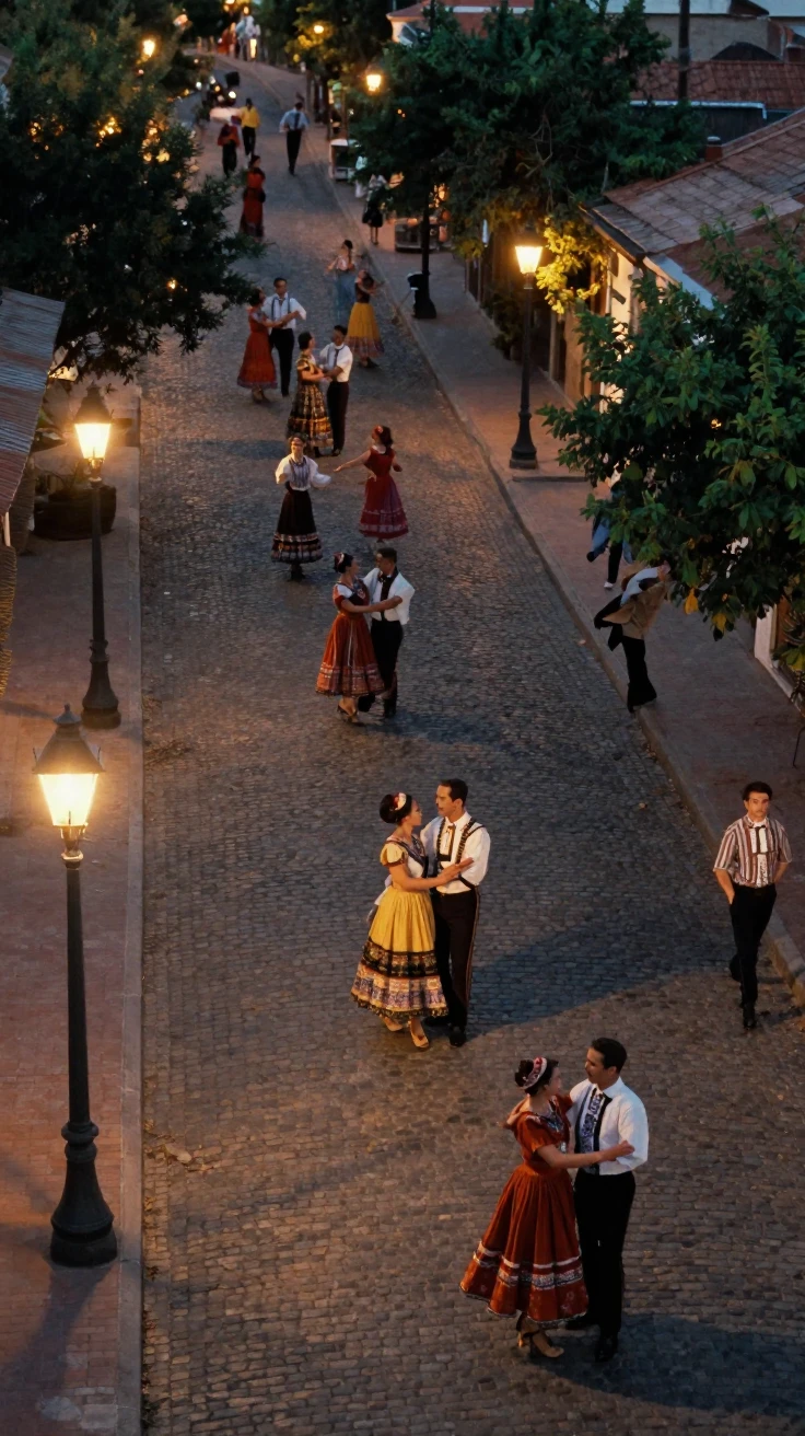 A parade of dancers in colorful traditional costume winding through a street, in low lamplight, as heat shimmers over the ground, as summer fades into fall, in earthy terracotta and ochre shades, shot from directly overhead.