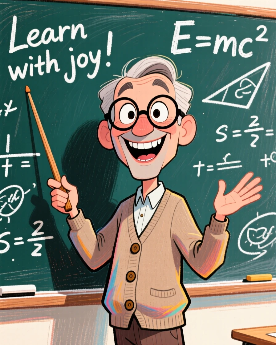 A schoolteacher standing at a chalkboard, pointer in hand, mid-lecture with enthusiastic gestures.