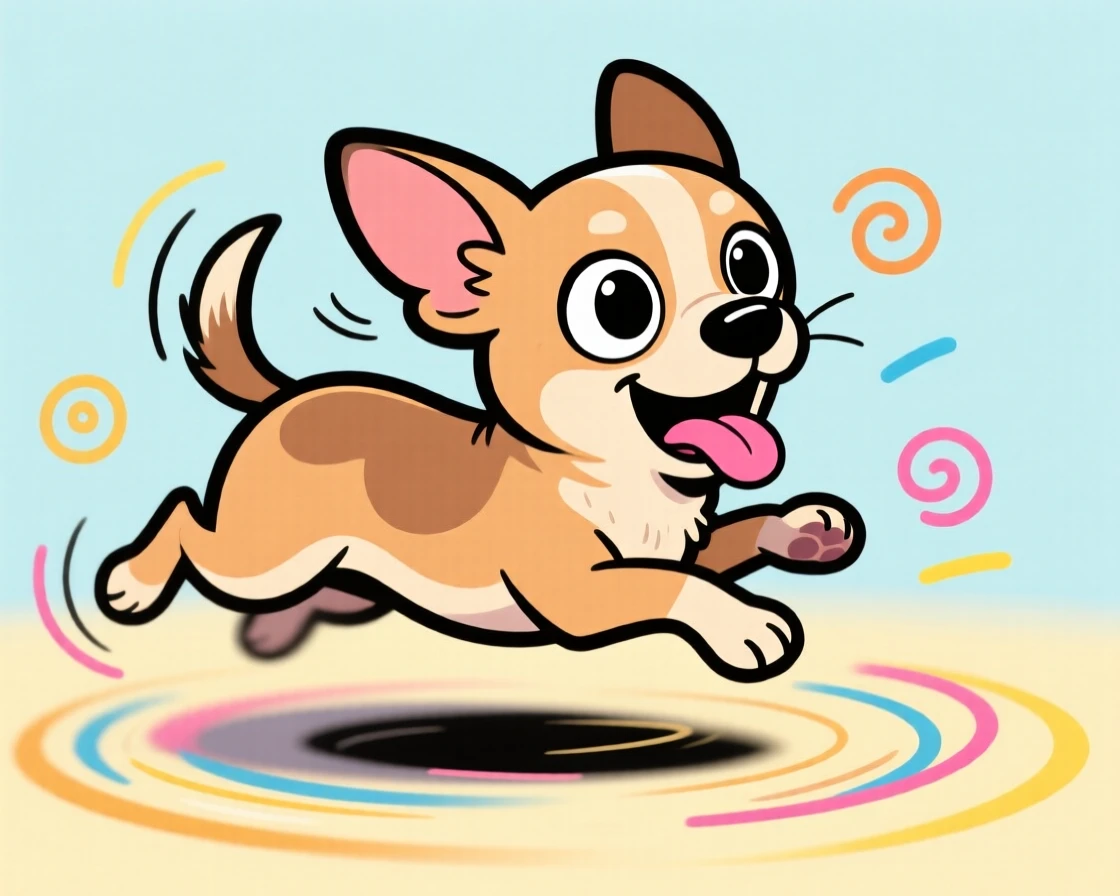 A playful pet moment featuring a wide-eyed chihuahua chasing its own tail in dizzy circles, with ears flopping comically in the wind.