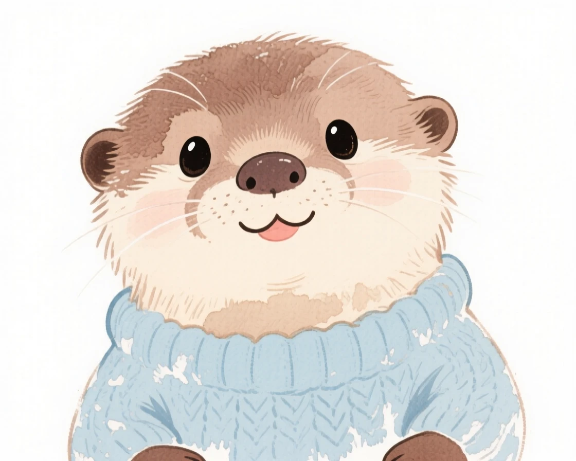 A baby otter wearing a tiny knit sweater