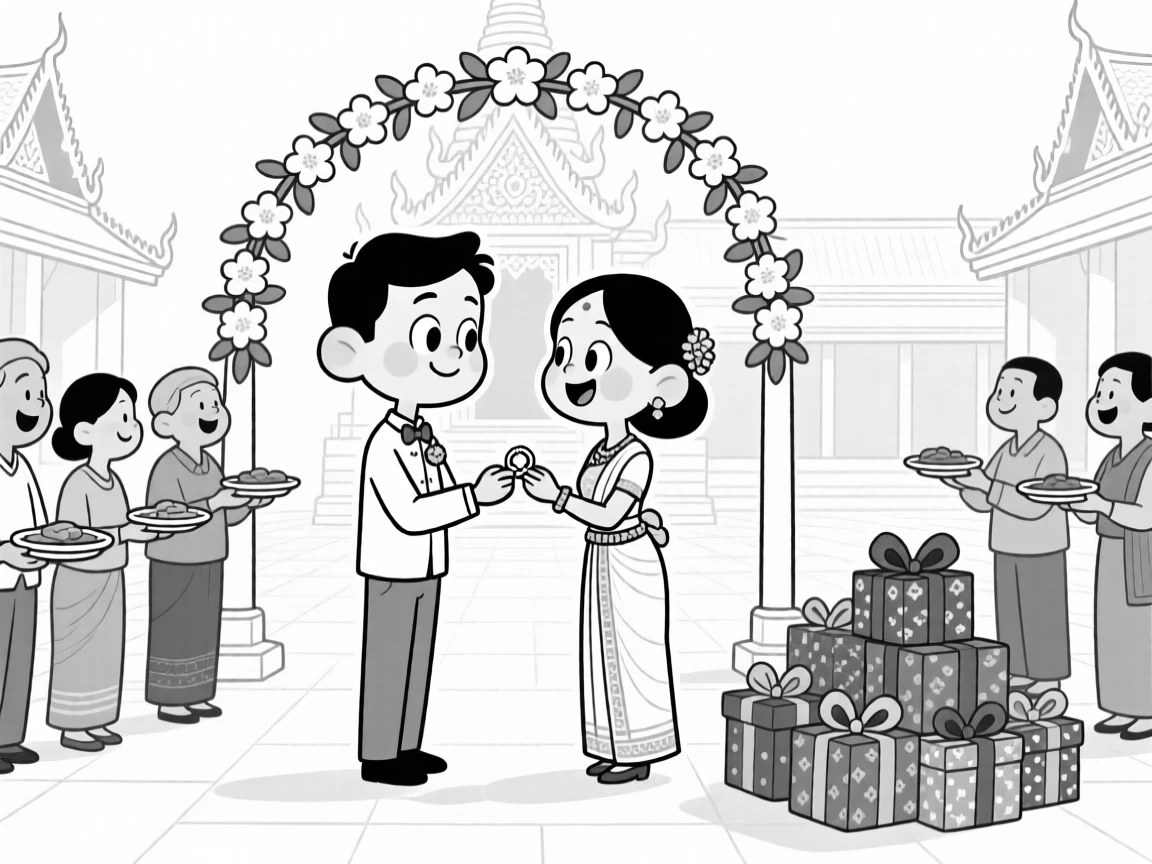 A couple exchanging rings under a flower-draped arch, passing dishes around with warm, animated chatter, set at a temple courtyard during a sacred ceremony. A stack of gifts wrapped in bright paper waits nearby. It radiates the timeless magic of coming together to celebrate.