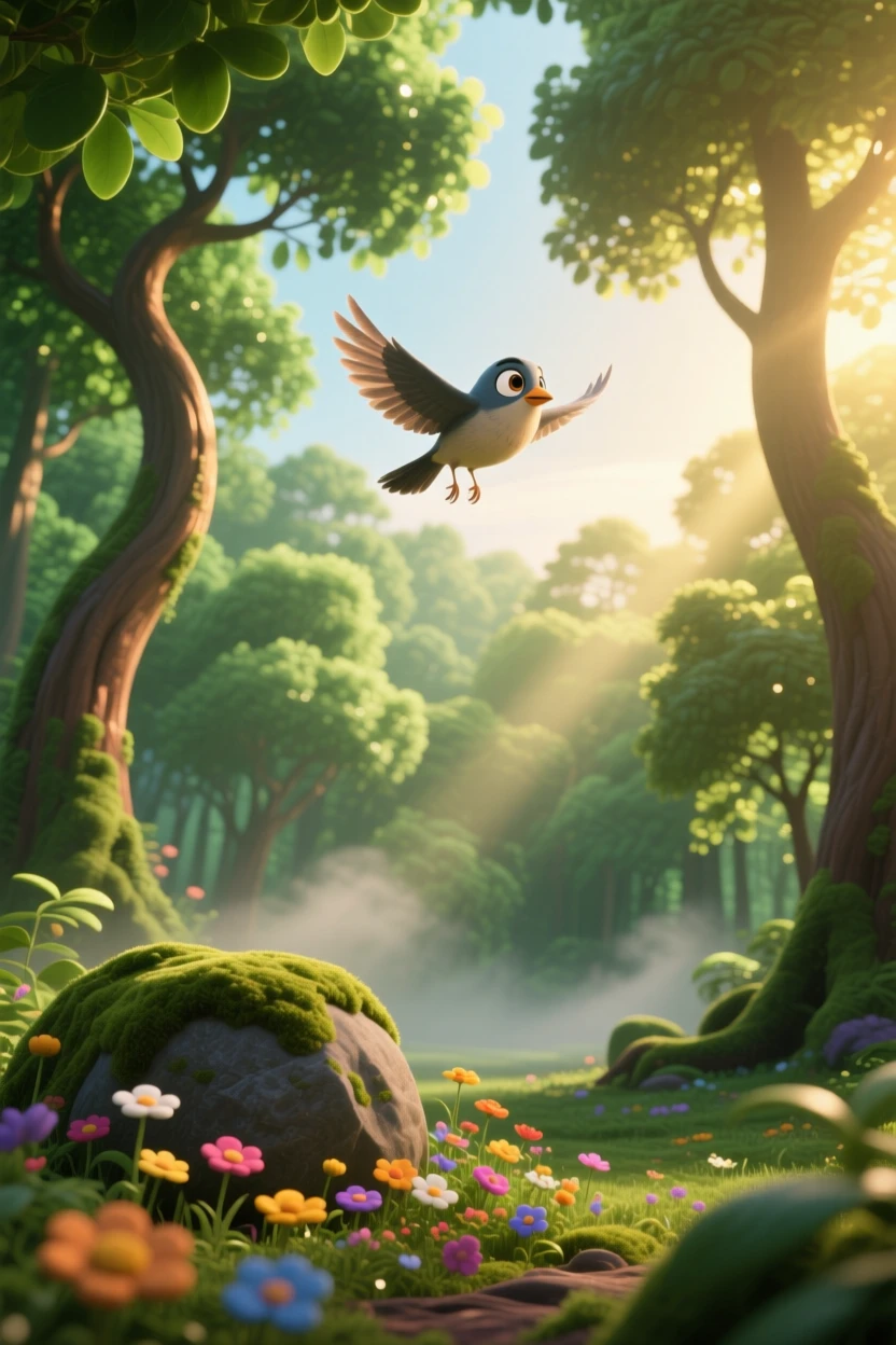 A dense emerald forest glows as the first light of dawn spills over the horizon, with a lone bird gliding silently overhead. The mood is serene, vast, and quietly majestic.