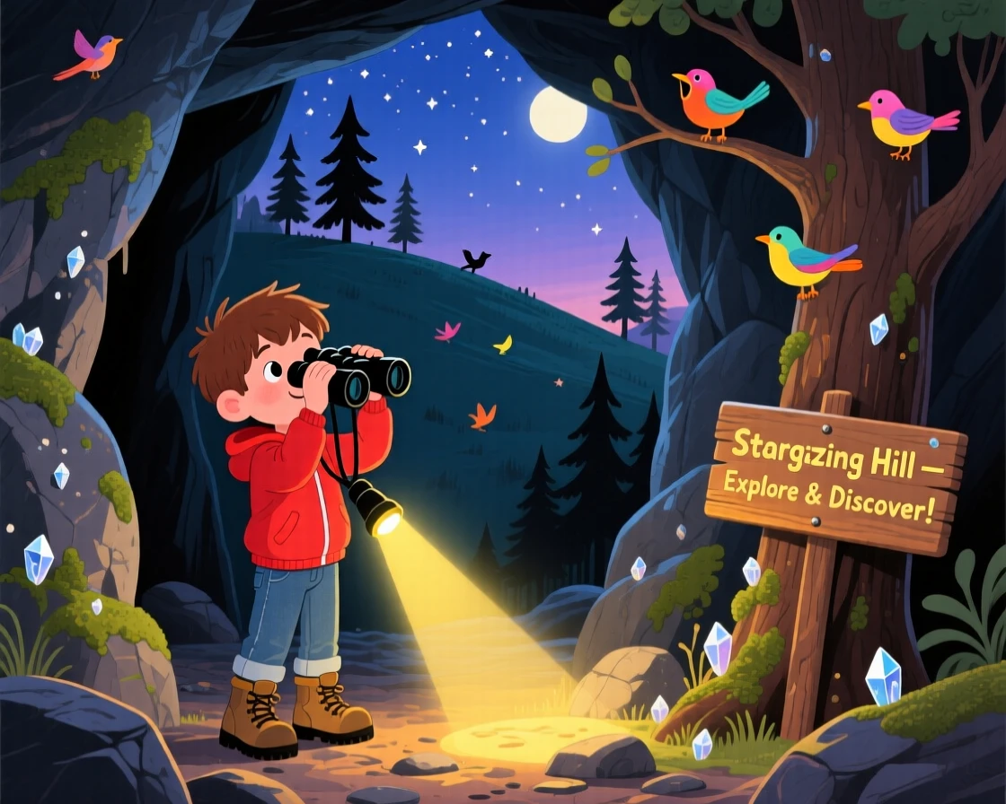 A boy with binoculars spends the day exploring a cave lit by a single flashlight through a stargazing hilltop, with birdsong echoing through the trees.