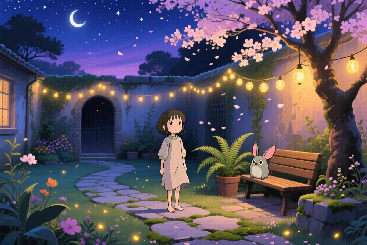 A nighttime scene of a quiet courtyard lit by strings of glowing lights, hushed and magical.