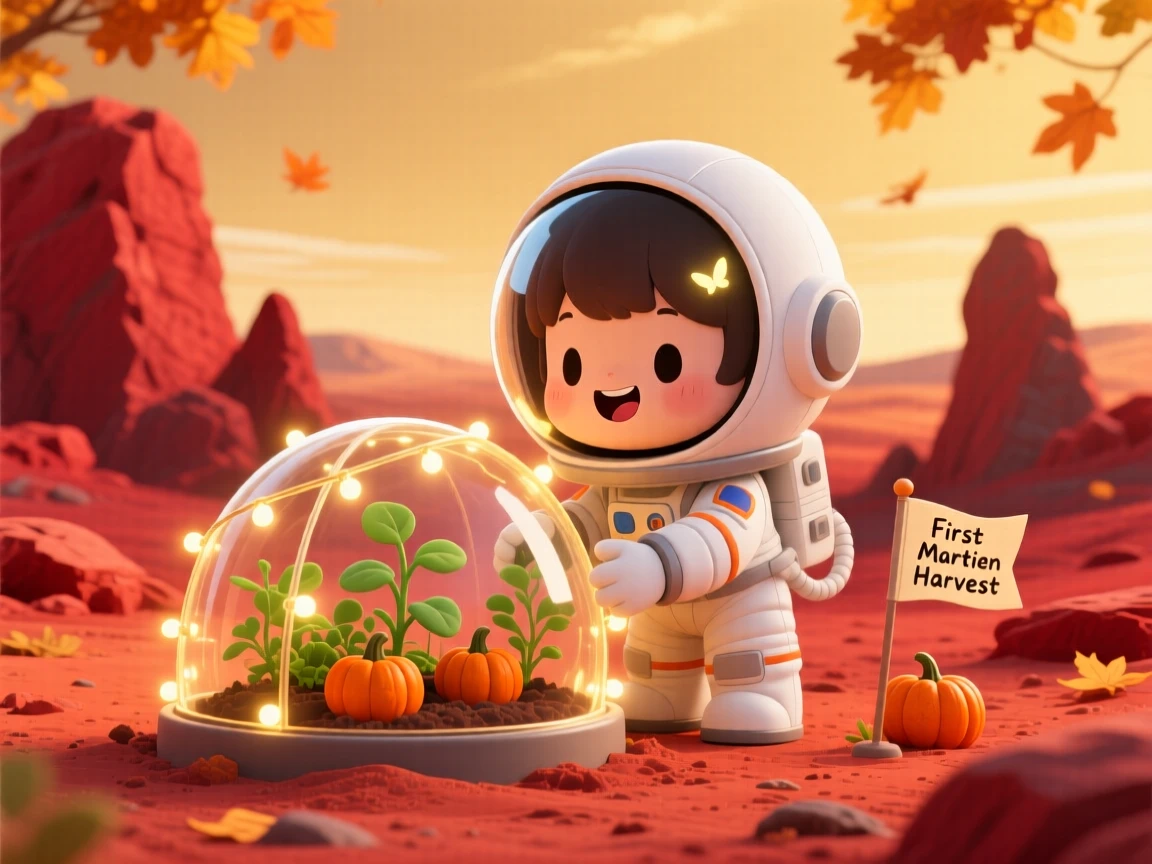 In a red rocky Martian landscape, a small astronaut is planting a garden dome on Mars during golden autumn harvest season, bathed in warm fairy-light glow, expression full of eager anticipation. Shot as a full-body shot.