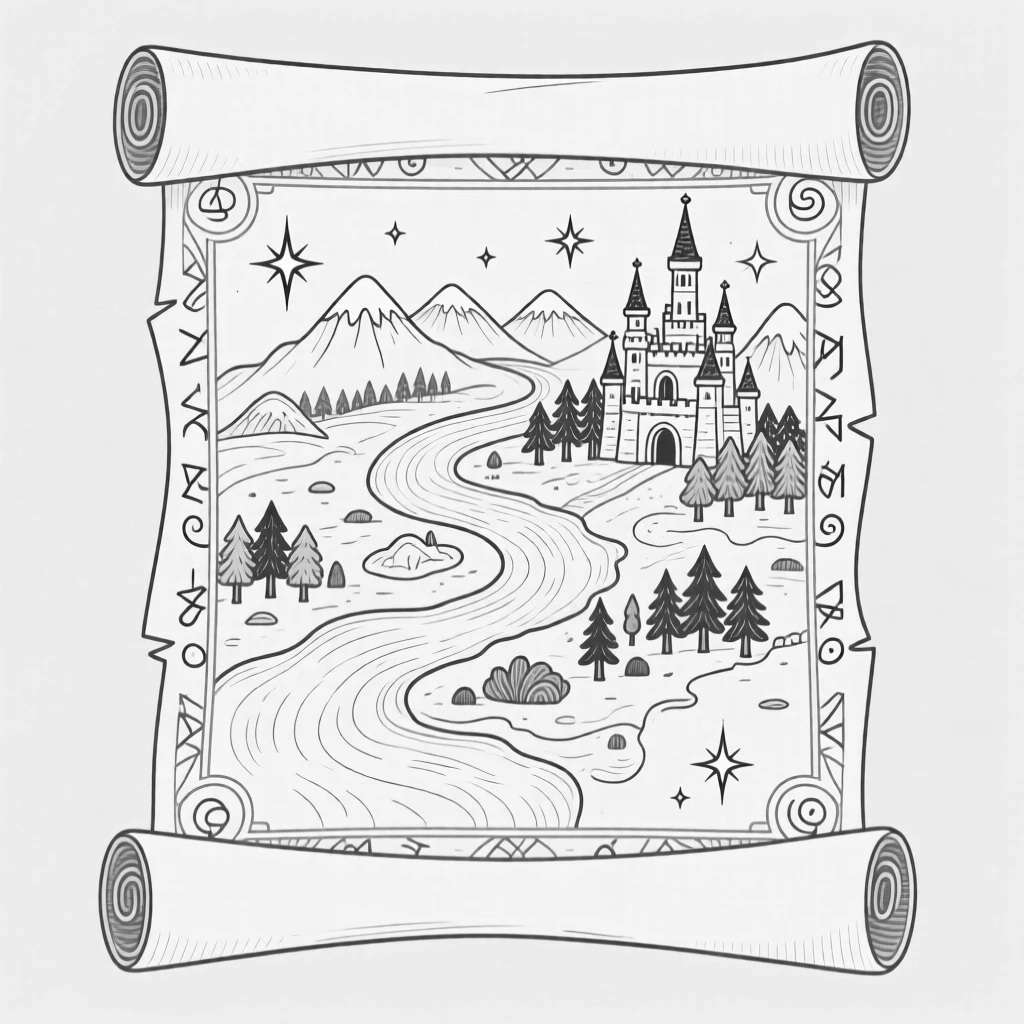 A magical map unrolling to reveal hidden lands