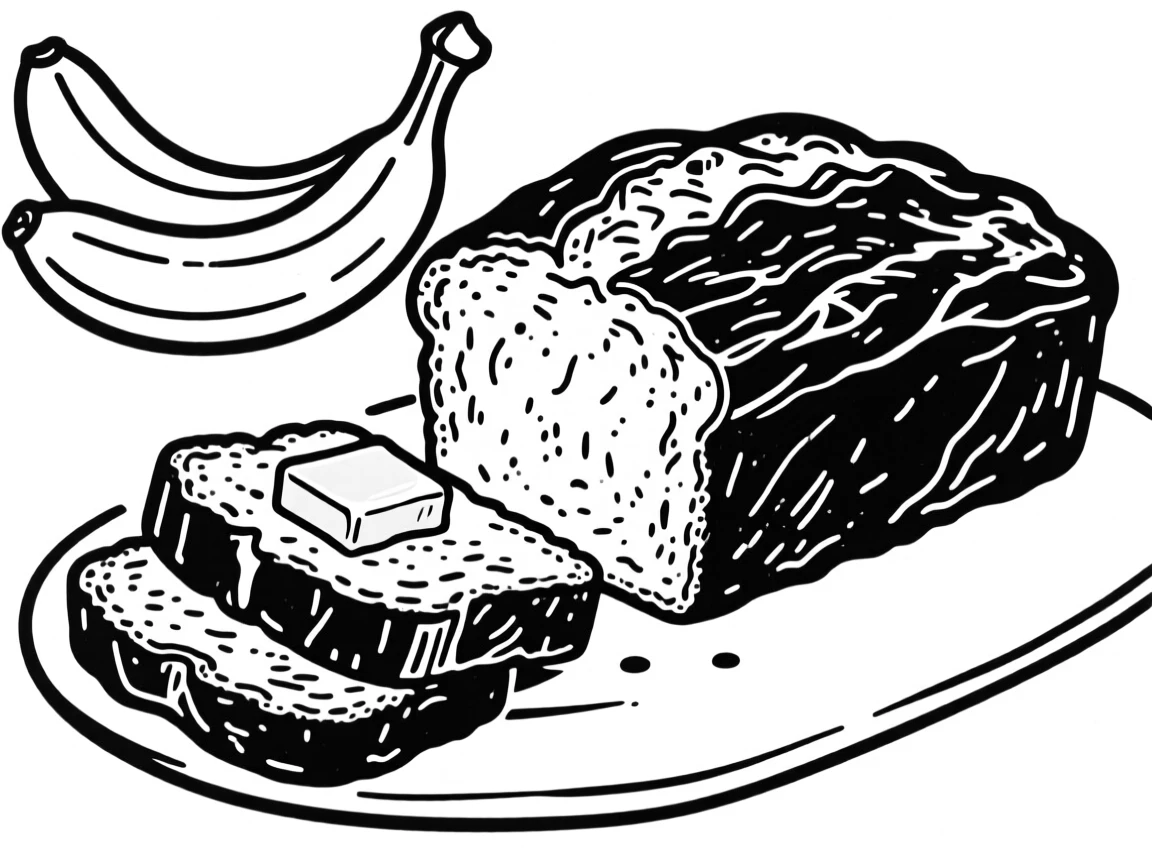 A rustic loaf of banana bread sliced and served with butter.
