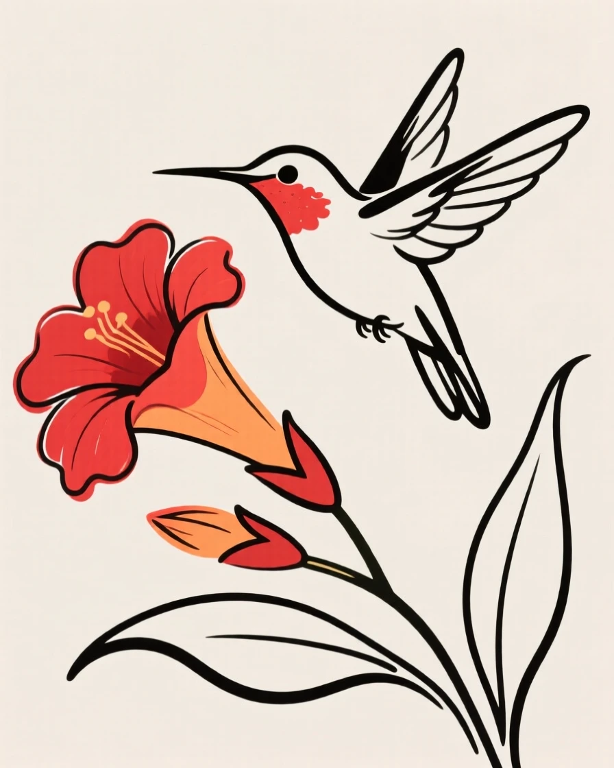 A hummingbird hovering beside a bright red trumpet flower.
