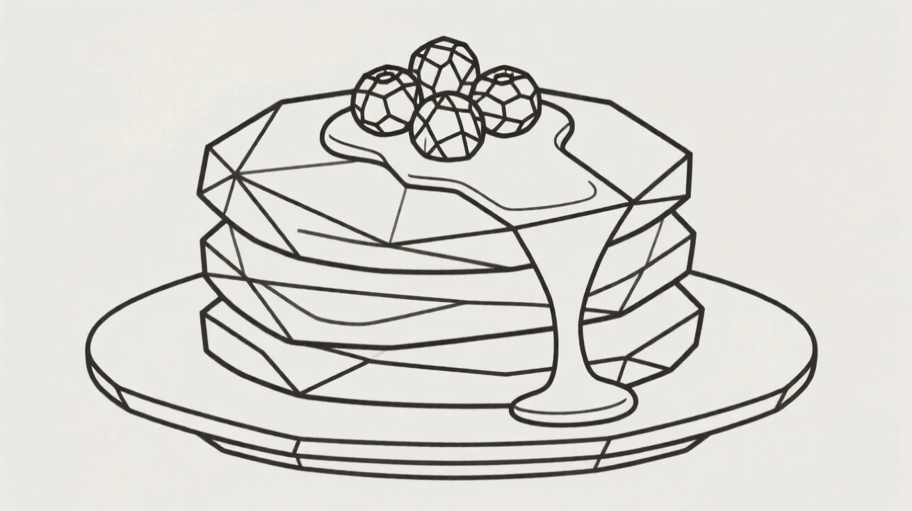 A stack of pancakes drizzled with syrup and berries