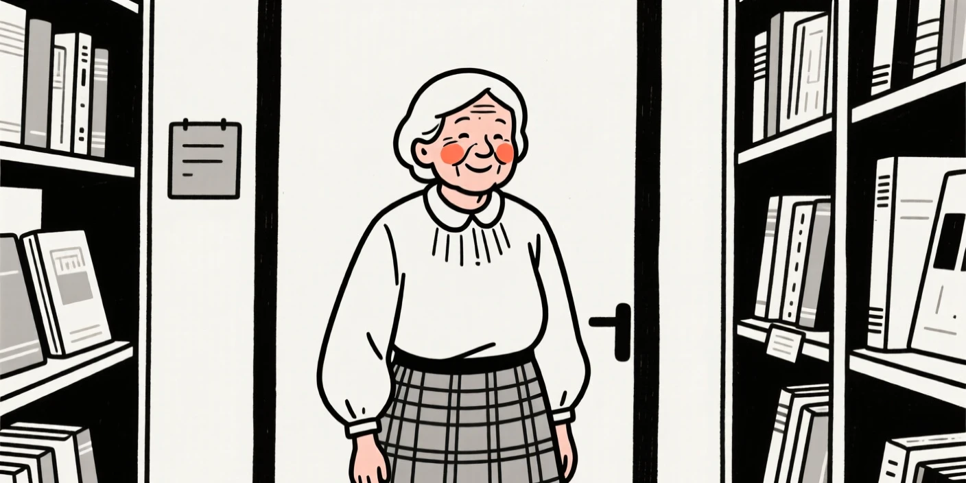 An elderly woman of Russian heritage wearing a Scottish kilt, smiling shyly, inside a vintage bookstore.