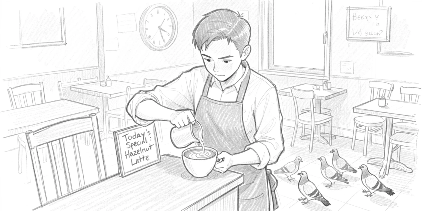 A barista carefully pouring latte art, in a cozy neighborhood cafe, with pigeons scattering nearby.