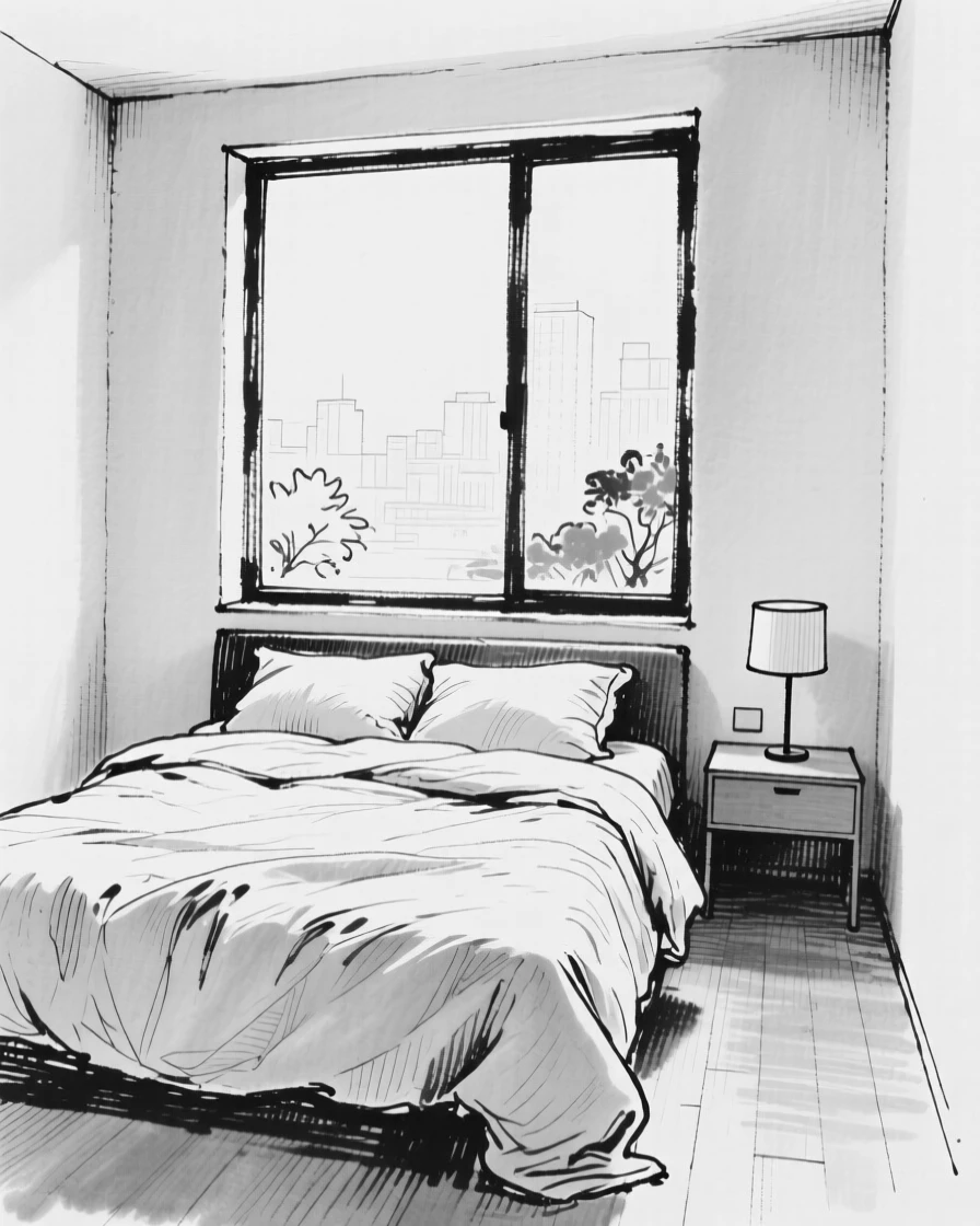 A modern minimalist bedroom with soft linen bedding and a large window.