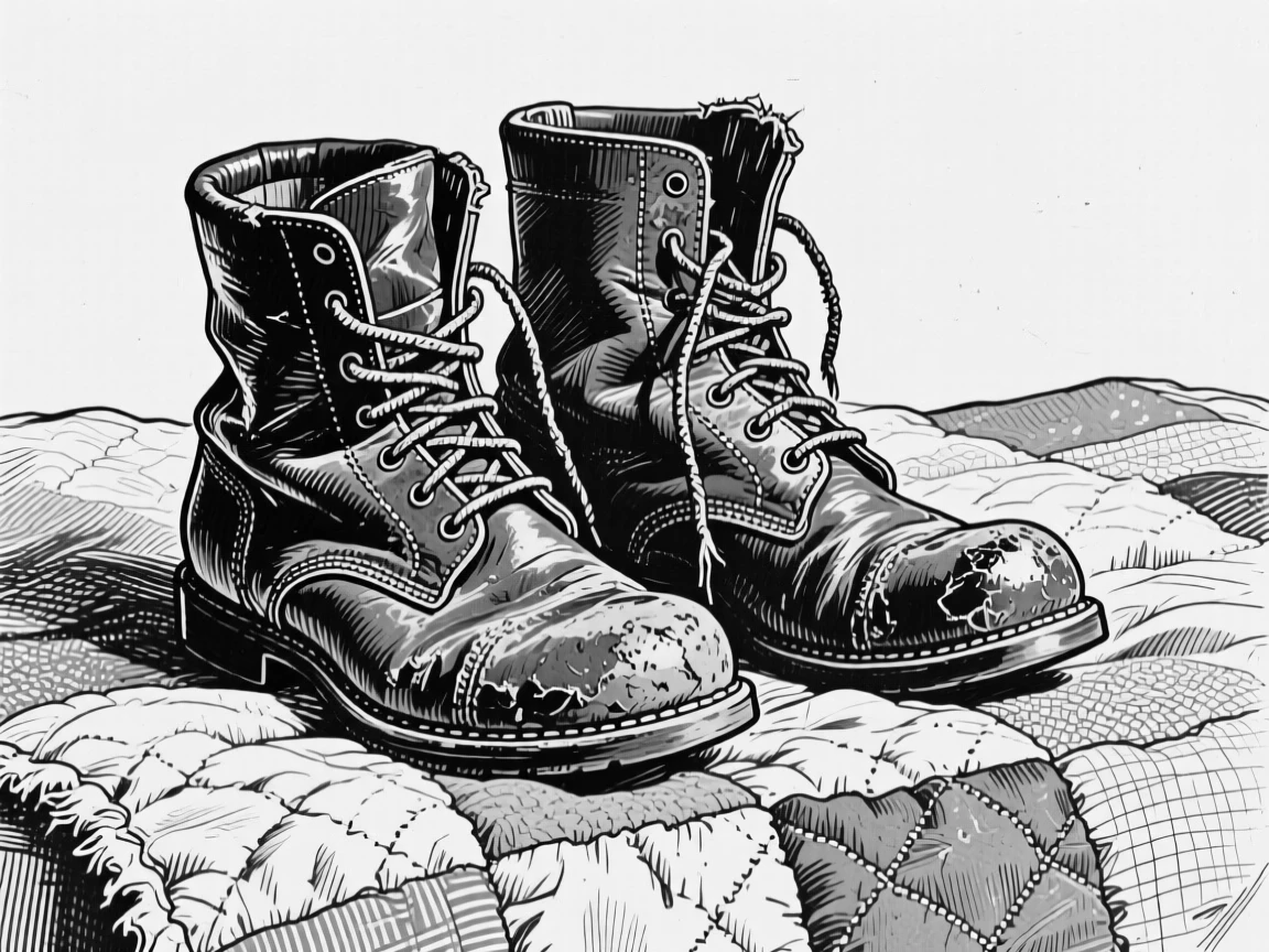 A pair of worn leather boots resting on an old quilt, with fine scratches telling of years of use, forming a timelessly charming still-life study.