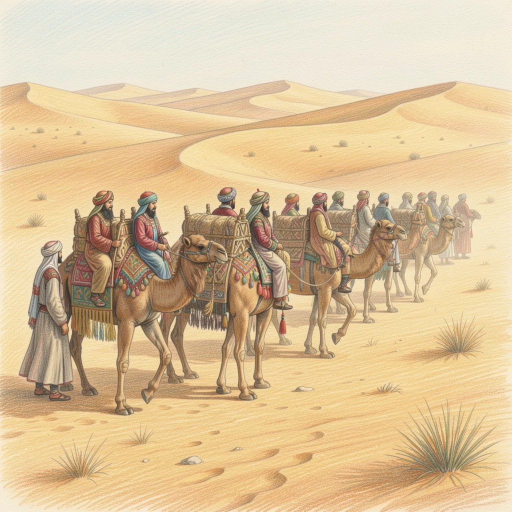 An old silk road caravan crossing a vast golden desert, with careful attention to period-accurate clothing and setting, evoking a sense of timeless tradition and heritage.