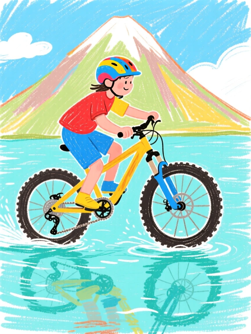 A mountain biker gliding through calm turquoise water.