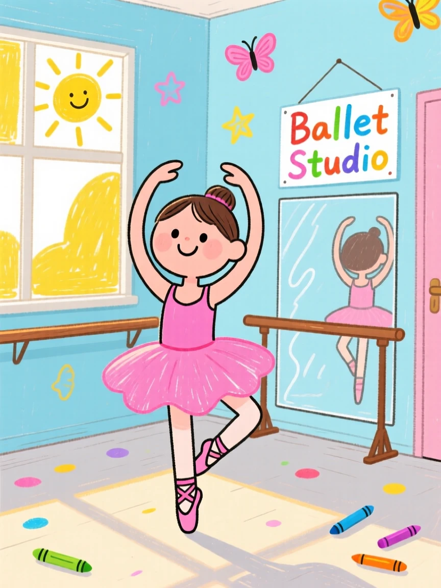 A young girl practicing ballet in a sunlit dance studio.