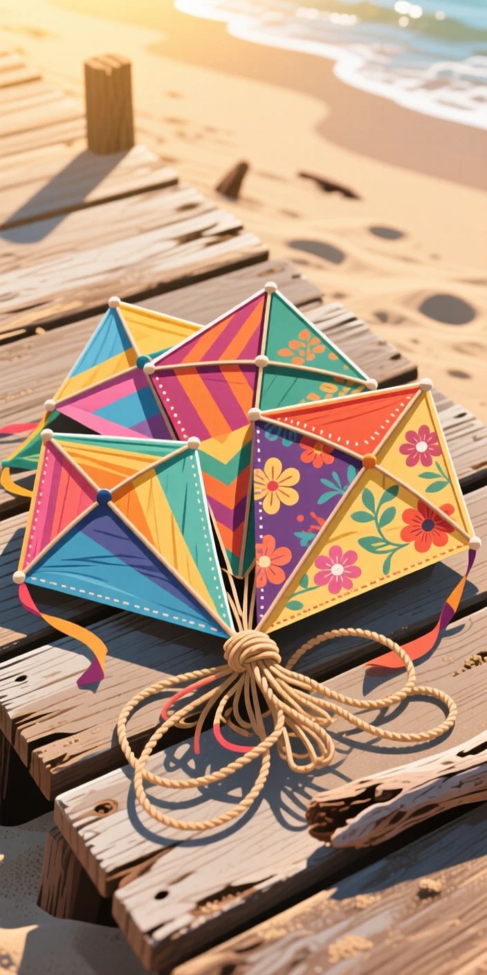 A set of colorful kites bundled together on a beach, resting on a weathered wooden surface, arranged in a carefully styled flat lay, with soft golden light highlighting fine craftsmanship.
