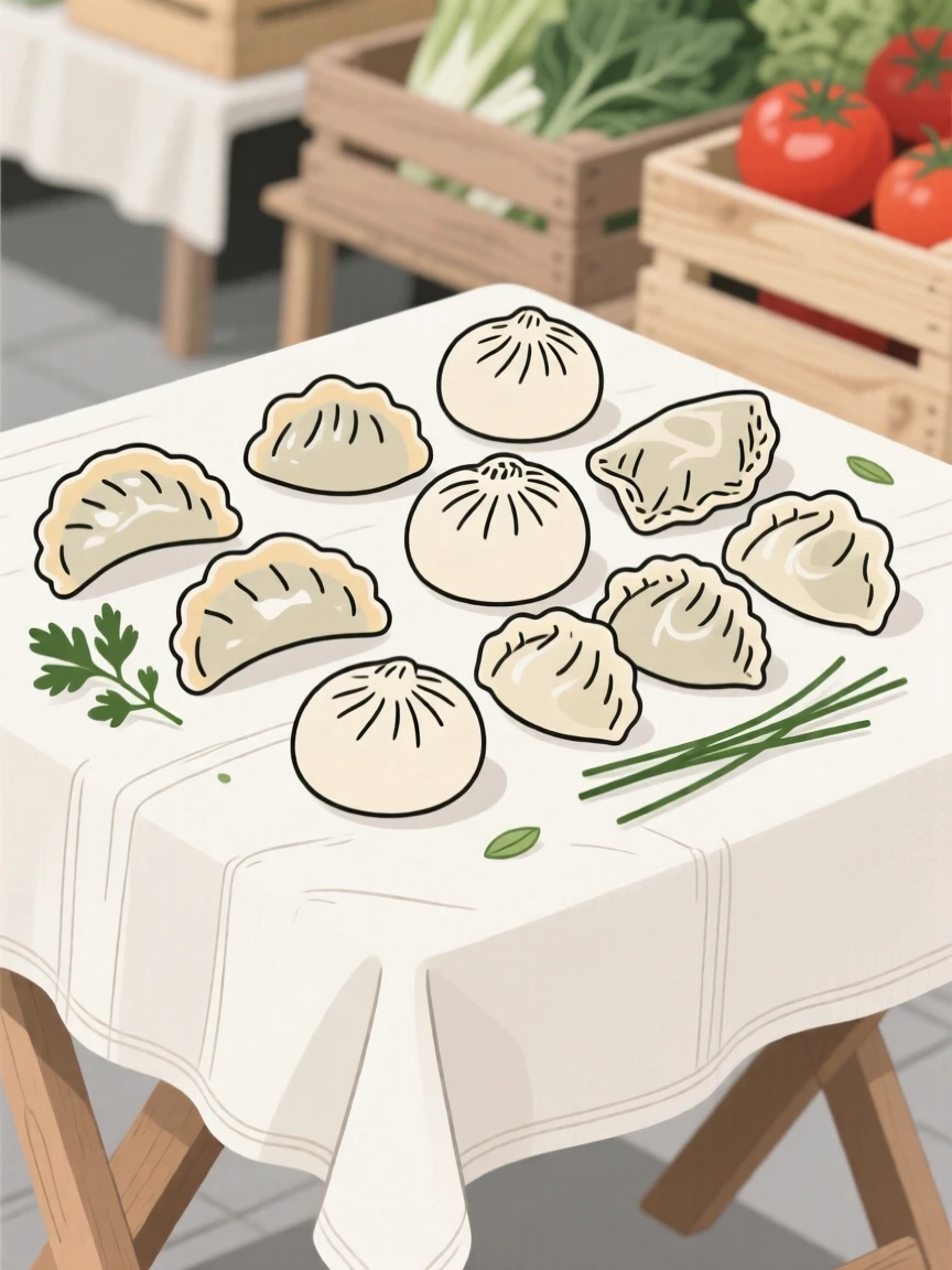 An assortment of dumplings beautifully displayed on a linen tablecloth at a farmers market.