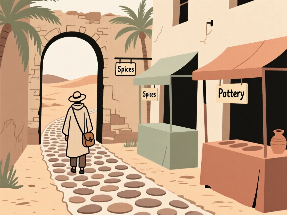A traveler standing before an old cobblestone alley in a desert oasis town, with a scattering of market stalls nearby, feeling adventurous excitement.