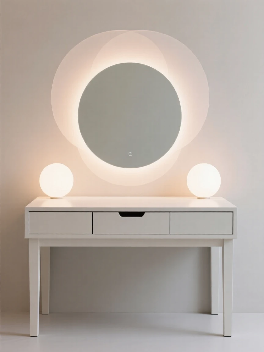 A vanity table with a mirror and soft lighting