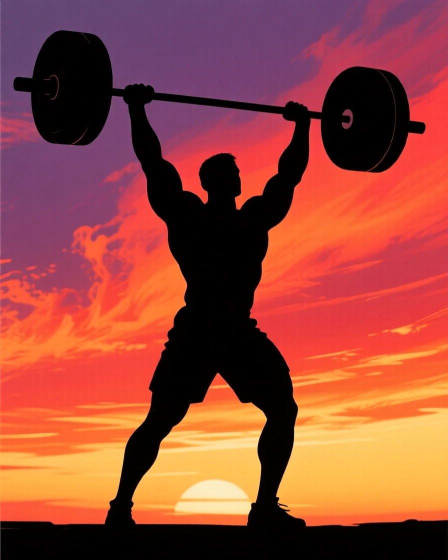 A weightlifter locking out a heavy barbell overhead.