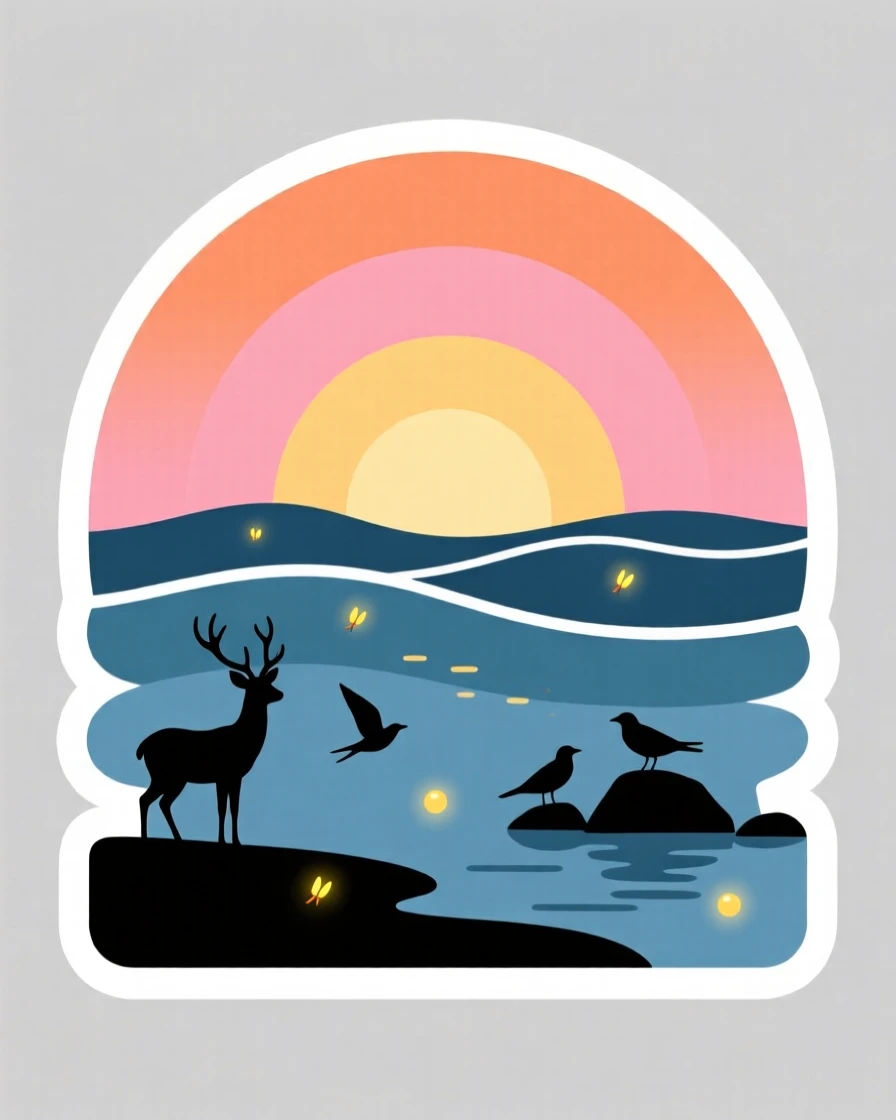A calm and quiet sunrise over a calm ocean horizon, with fireflies glowing softly in the dusk, where wildlife roams freely.
