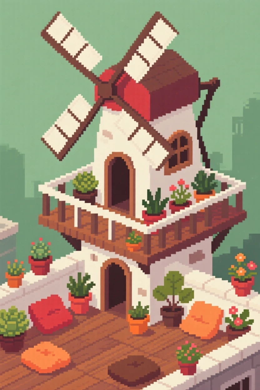A rooftop balcony surrounded by potted plants and soft cushions, inside a windmill converted into a tiny home.