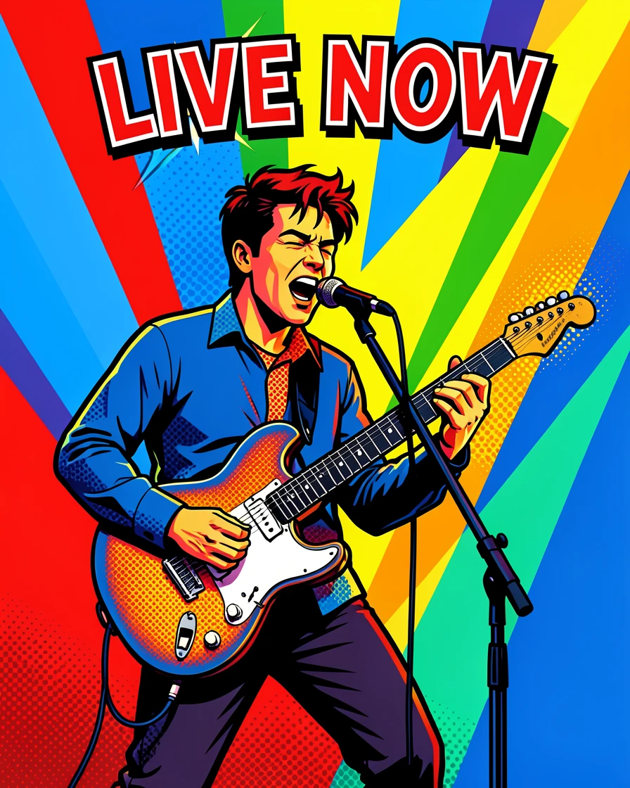 A guitarist performing on a stage bathed in light