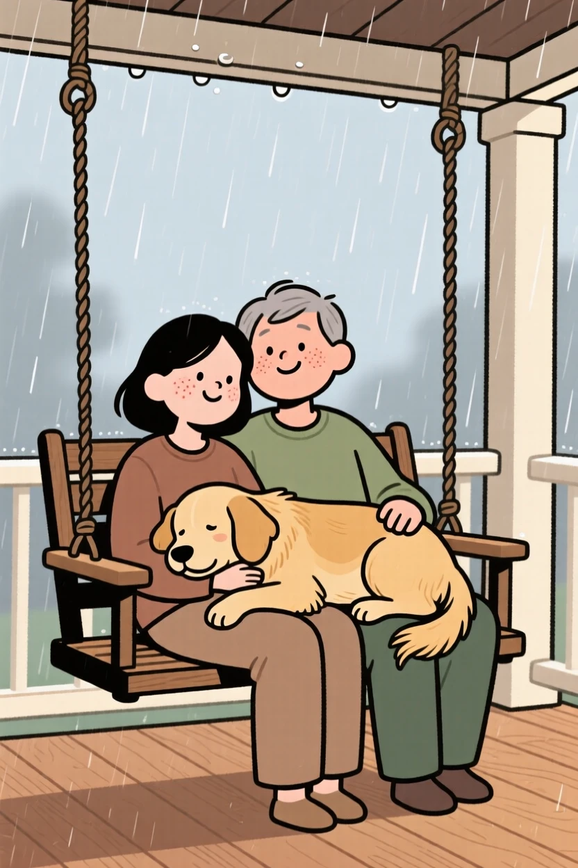 A old golden retriever rests its head on its owner's lap during a quiet rainy morning on the porch swing, both perfectly content.