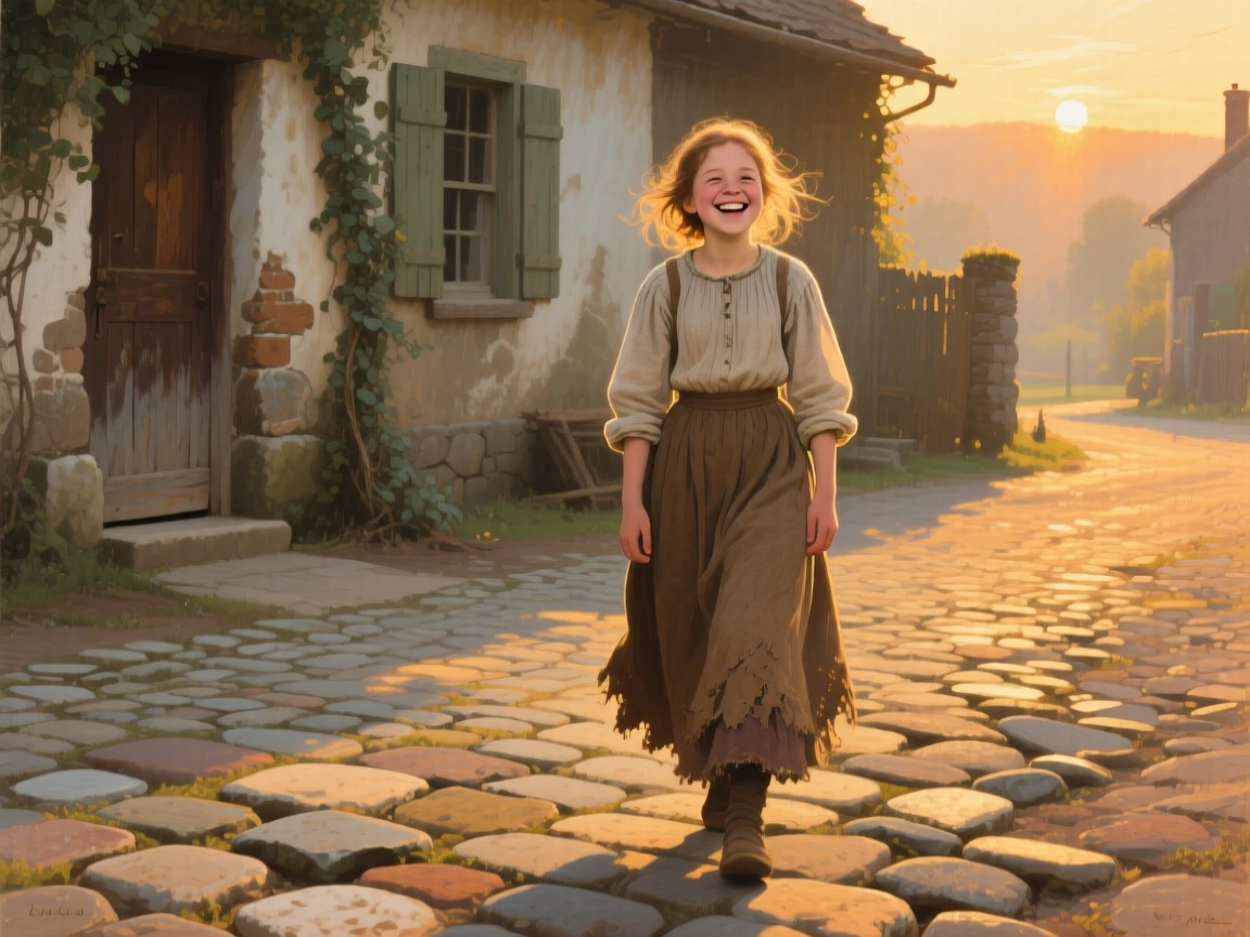 A medium shot of a farm girl on a cobblestone street, brimming with joy, at golden hour.