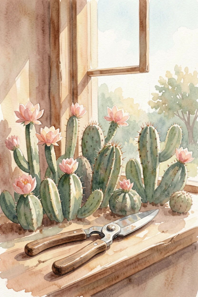 A cactus garden in bloom beside an open window with a pair of garden shears nearby.