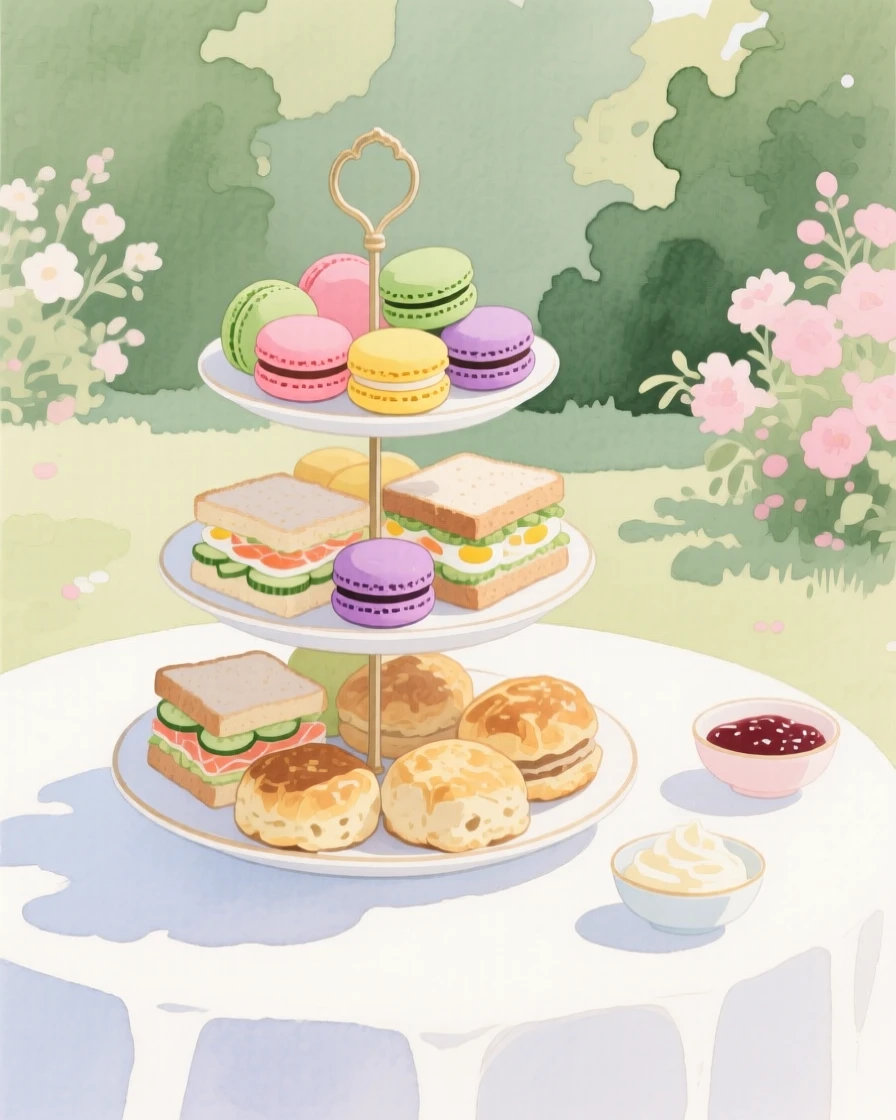 A tiered stand overflowing with colorful macarons, tea sandwiches, and scones set for a garden afternoon tea