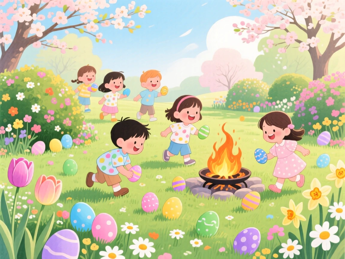 Children hunting for Easter eggs in a blooming garden, in a springtime yard scattered with colorful eggs and flowers, with the soft crackle of a nearby fire, evoking the innocent joy of spring celebration.