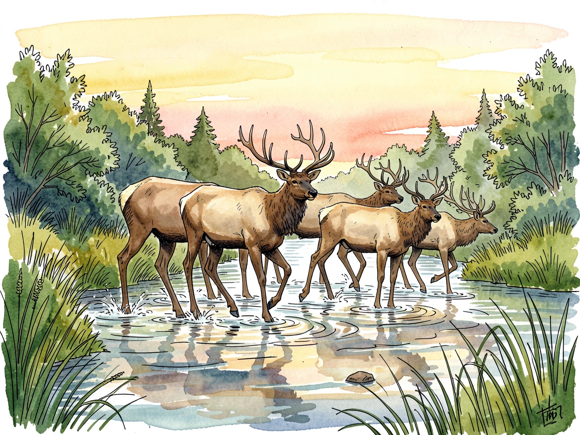 A herd of elk crossing a shallow river at sunrise, the scene framed by lush greenery on every side.