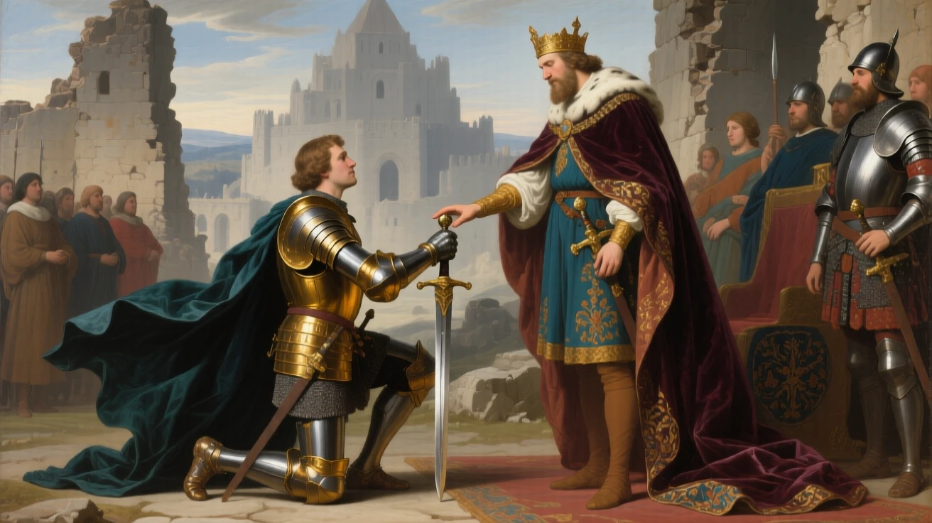 A medieval knight kneeling to receive his sword from a monarch at the exact instant fate is sealed, set amid the ruins of a fallen citadel, with gilded armor catching the light and rich fabrics billowing in the wind; the composition centers the hero in a pyramid of surrounding figures, radiating triumph tempered by solemn sacrifice.