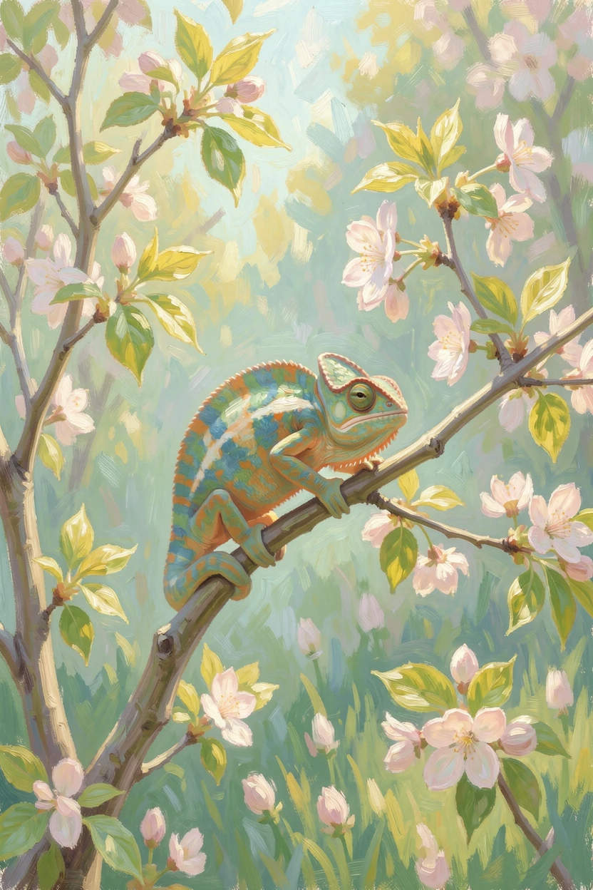 A colorful chameleon resting on a branch, camouflaged among the leaves of a lush garden, in early spring, evoking a sense of peace and quiet wonder.