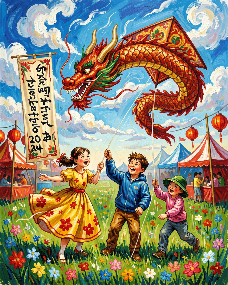 Children flying a kite shaped like a dragon at a spring festival.