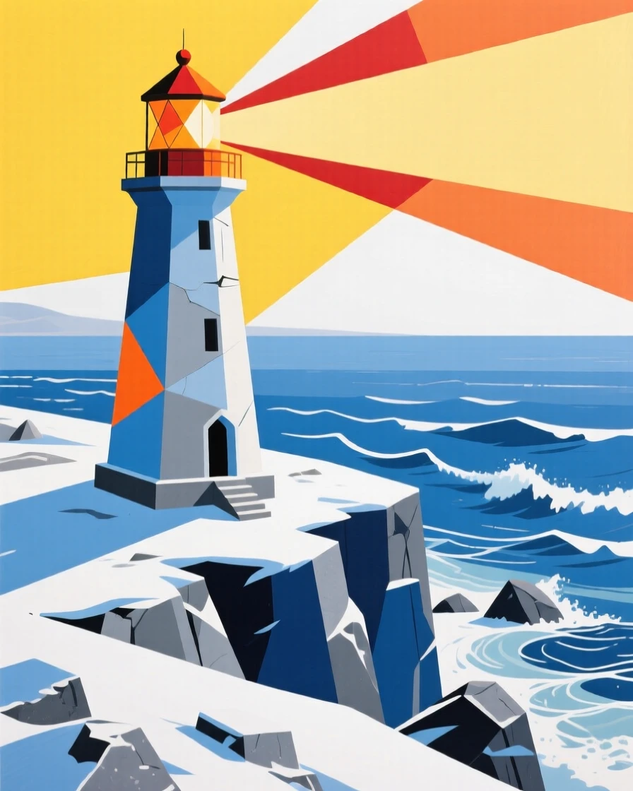 A wide shot of a coastal lighthouse point under a blazing midday sun, in deep winter.