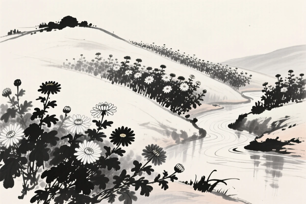 A field of chrysanthemums blooms in shades ranging across a quiet hillside, with a small stream running quietly past the hillside.