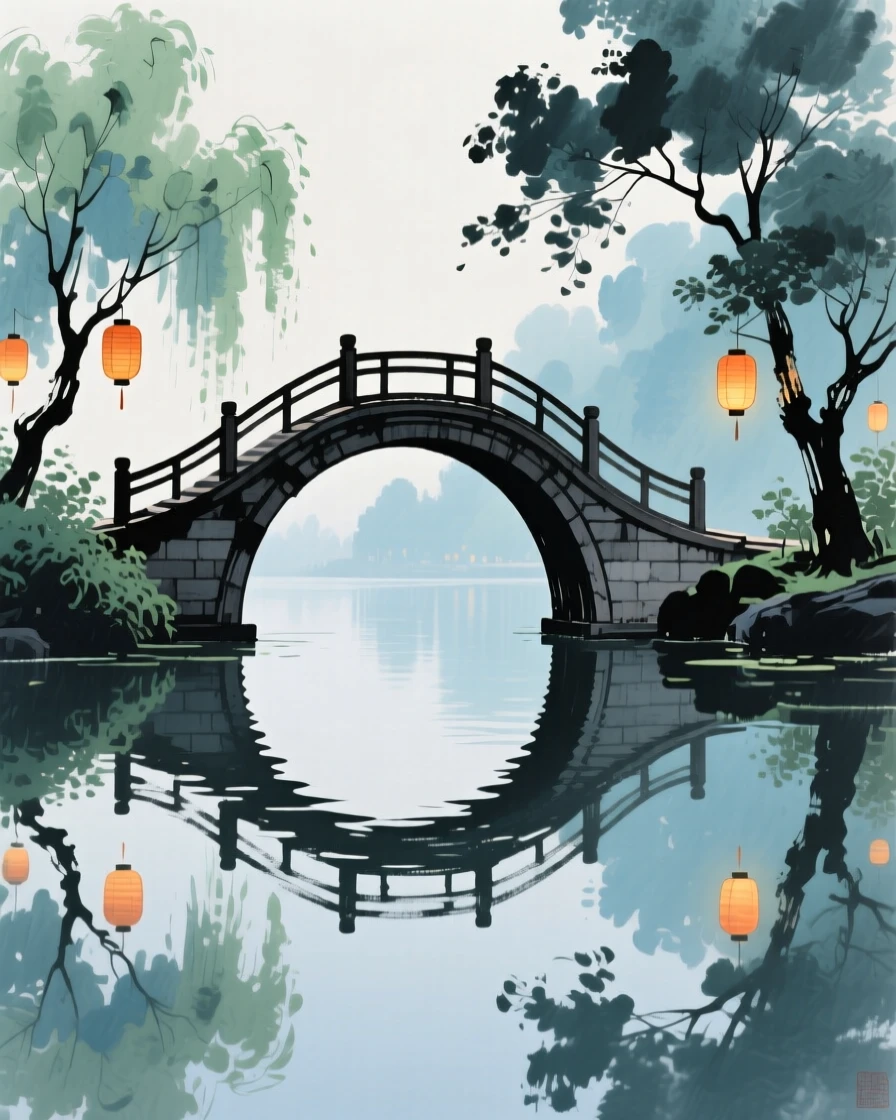 A graceful curved bridge reflected perfectly in still water, in the height of summer, as lanterns are lit for the evening, carrying a mood of wistful nostalgia.