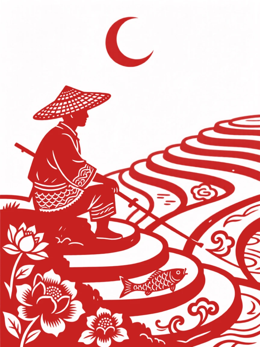 A composition of a fisherman in a straw hat on a terraced hillside at sunset, a crescent moon rising above the ridgeline.