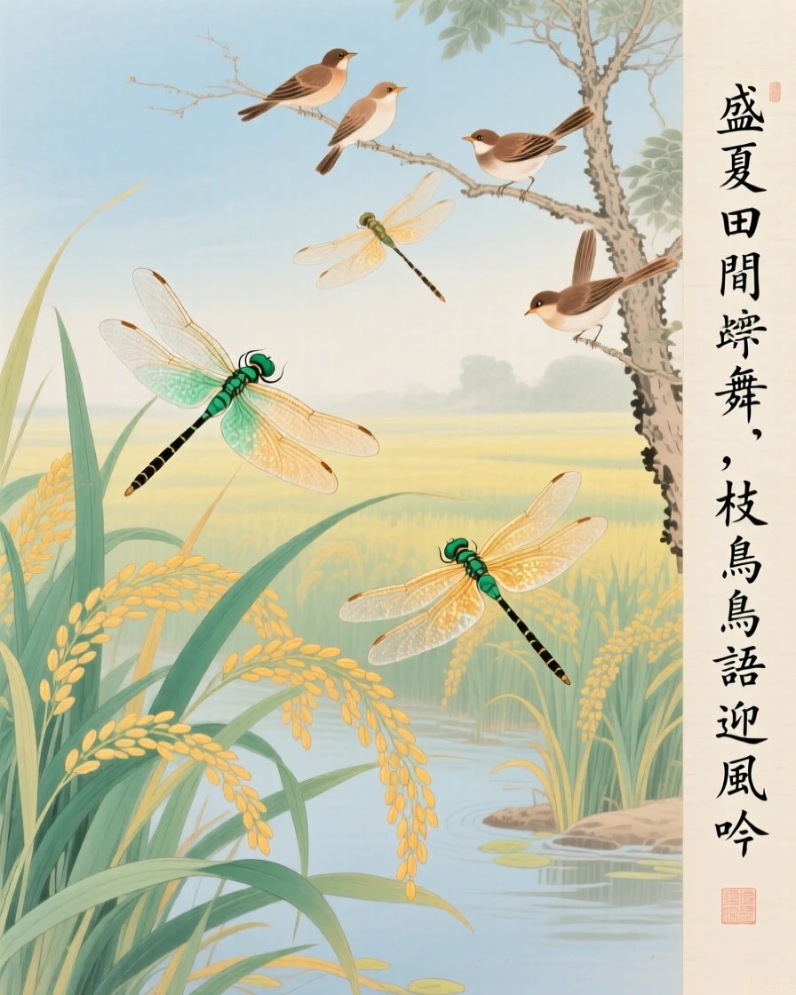 Dragonflies hovering above a rice paddy in the heat of midsummer, as small birds gather among the branches