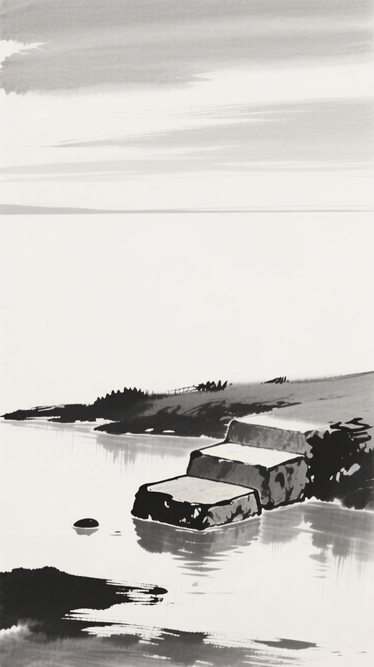 A single stone step leading into still water beneath a wide and silent sky, seen from a distance, small and still within the frame, capturing a fleeting, meditative moment of peace.