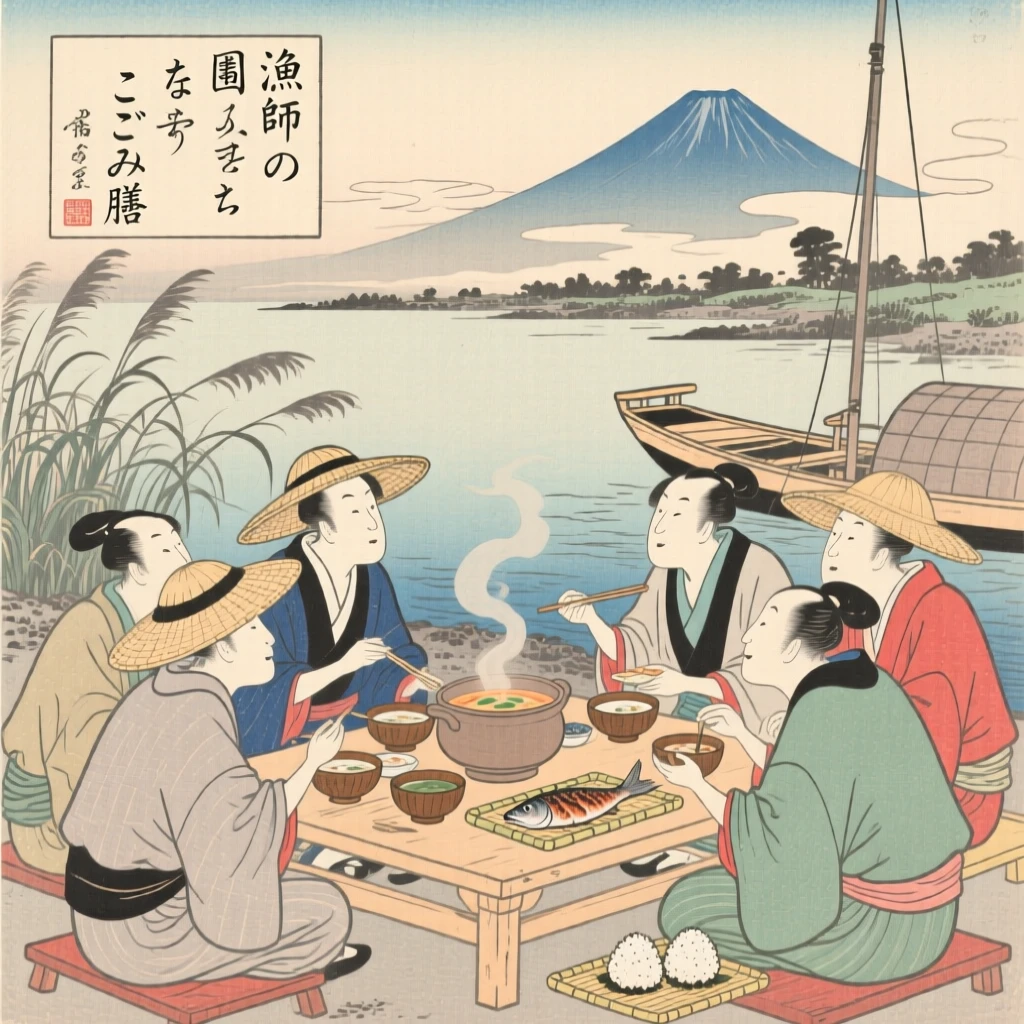 Fishermen gathered around a table sharing a warm meal.