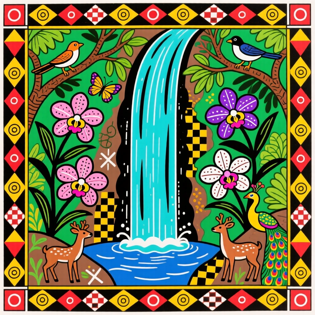 A jungle waterfall surrounded by blooming wild orchids.
