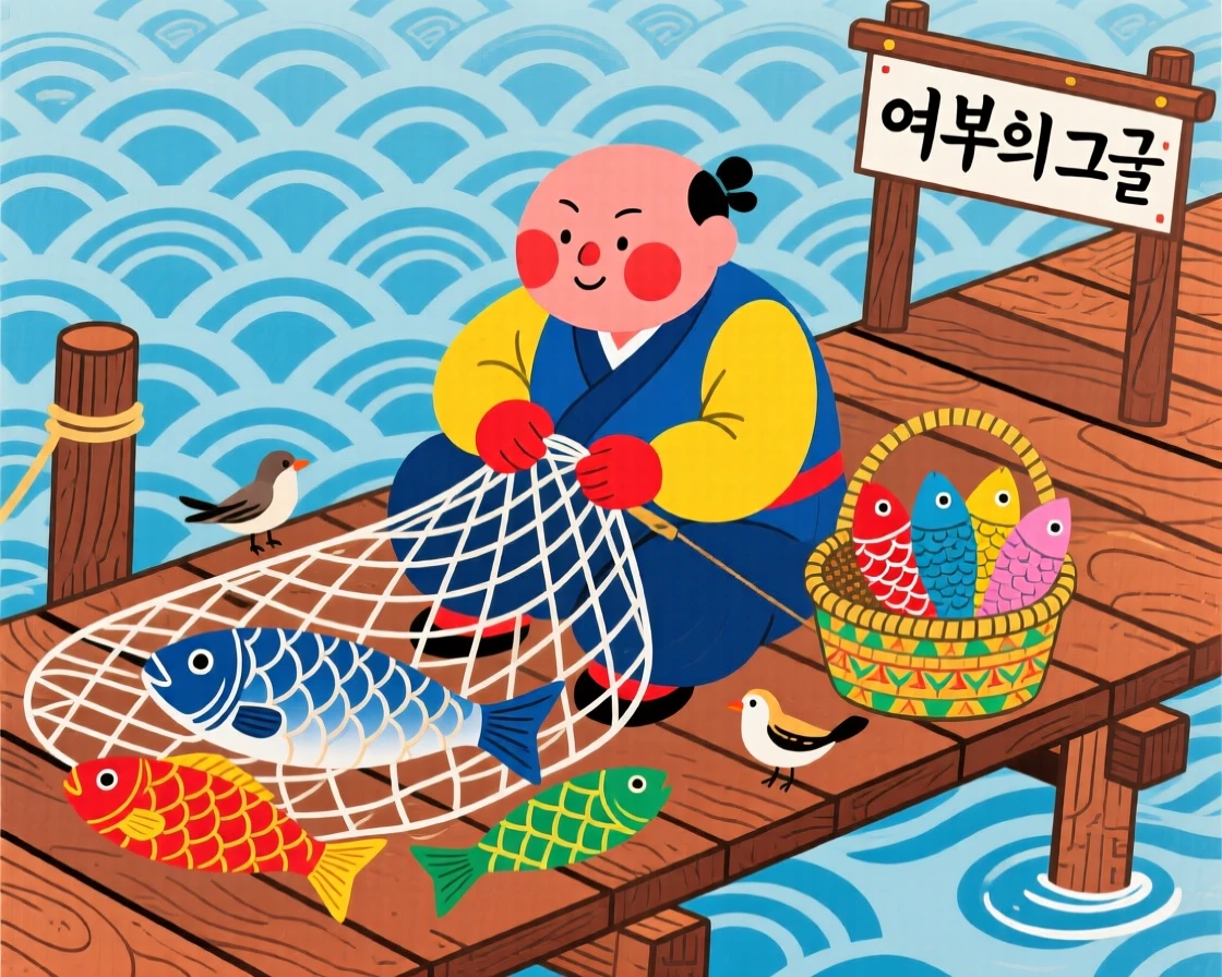 A fisherman mending his net on a quiet dock.