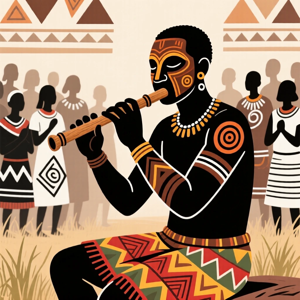 A lone flutist playing to a captivated crowd.